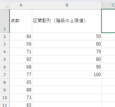 あらかじめ「区間配列（階級の上限値）」をセルに入力